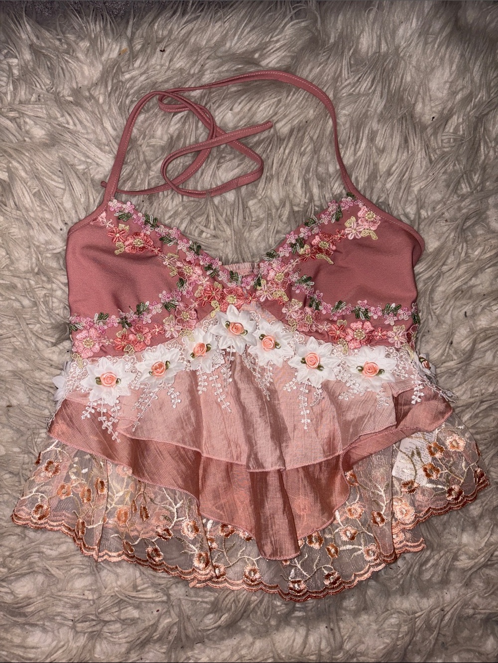 Pink Embroidered Floral Halter Crop Top
